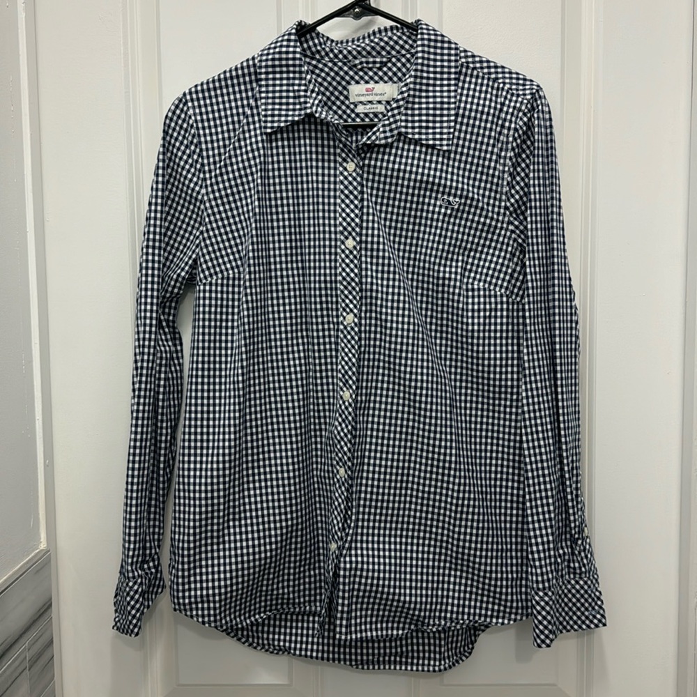 Vineyard Vines Navy Blue & White Gingham Button Down Shirt - Classic Fit - Sz 6
